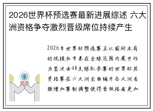 2026世界杯预选赛最新进展综述 六大洲资格争夺激烈晋级席位持续产生