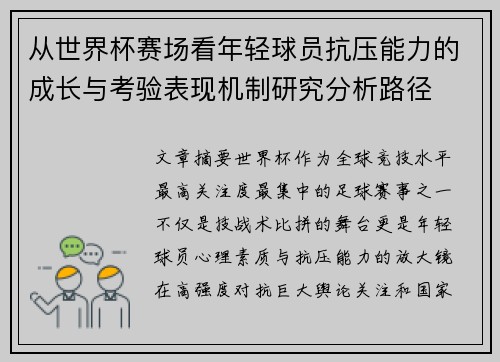 从世界杯赛场看年轻球员抗压能力的成长与考验表现机制研究分析路径
