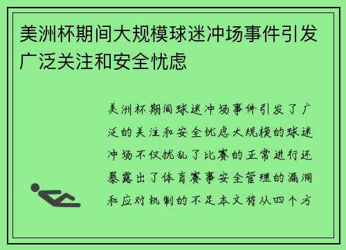 美洲杯期间大规模球迷冲场事件引发广泛关注和安全忧虑 美洲杯期间大规模球迷冲场事件引发广泛关注和安全忧虑